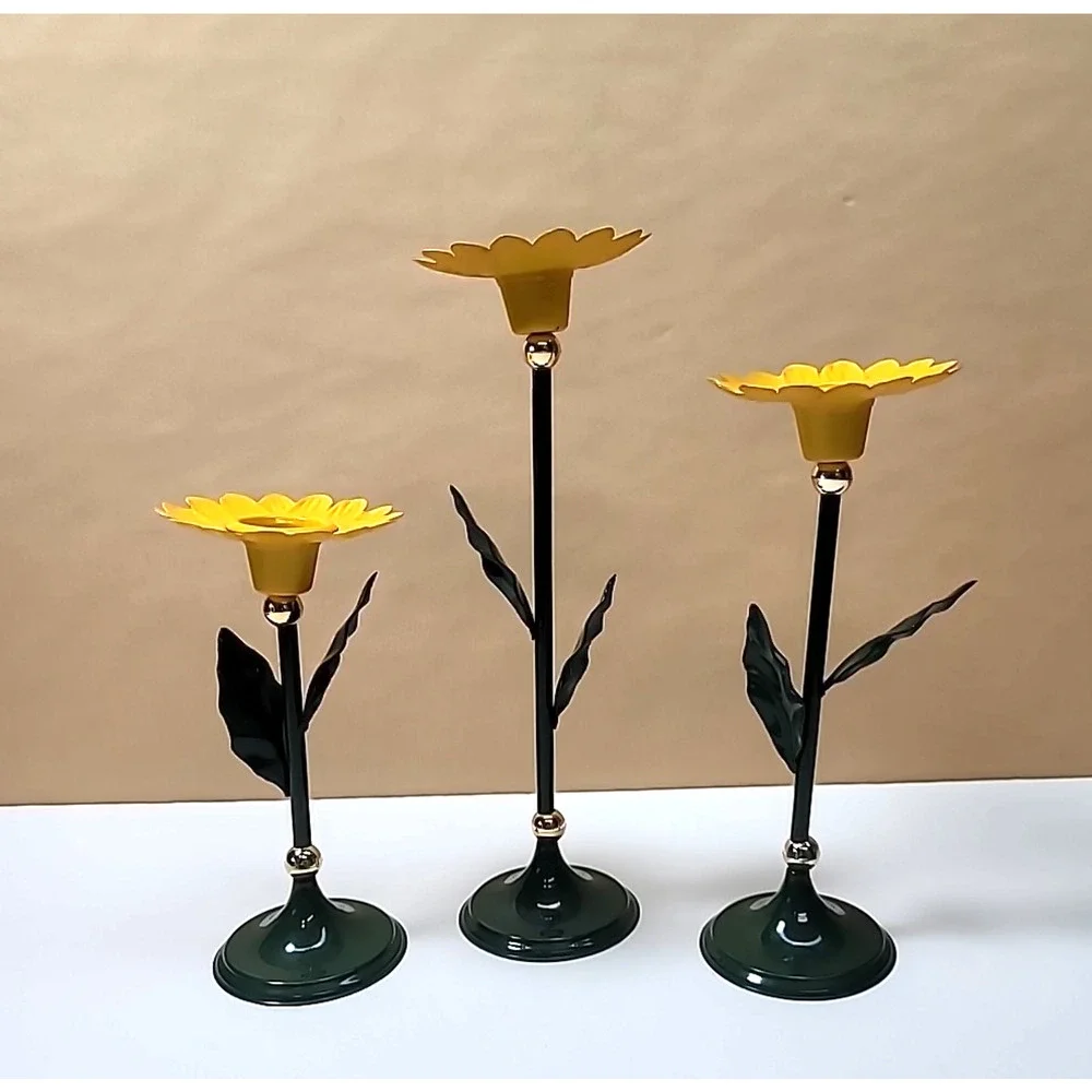 Set of‎ 3 Yellow/Green Metal Sunflower/Daisy Candlestick Holders-Cottage-Spring